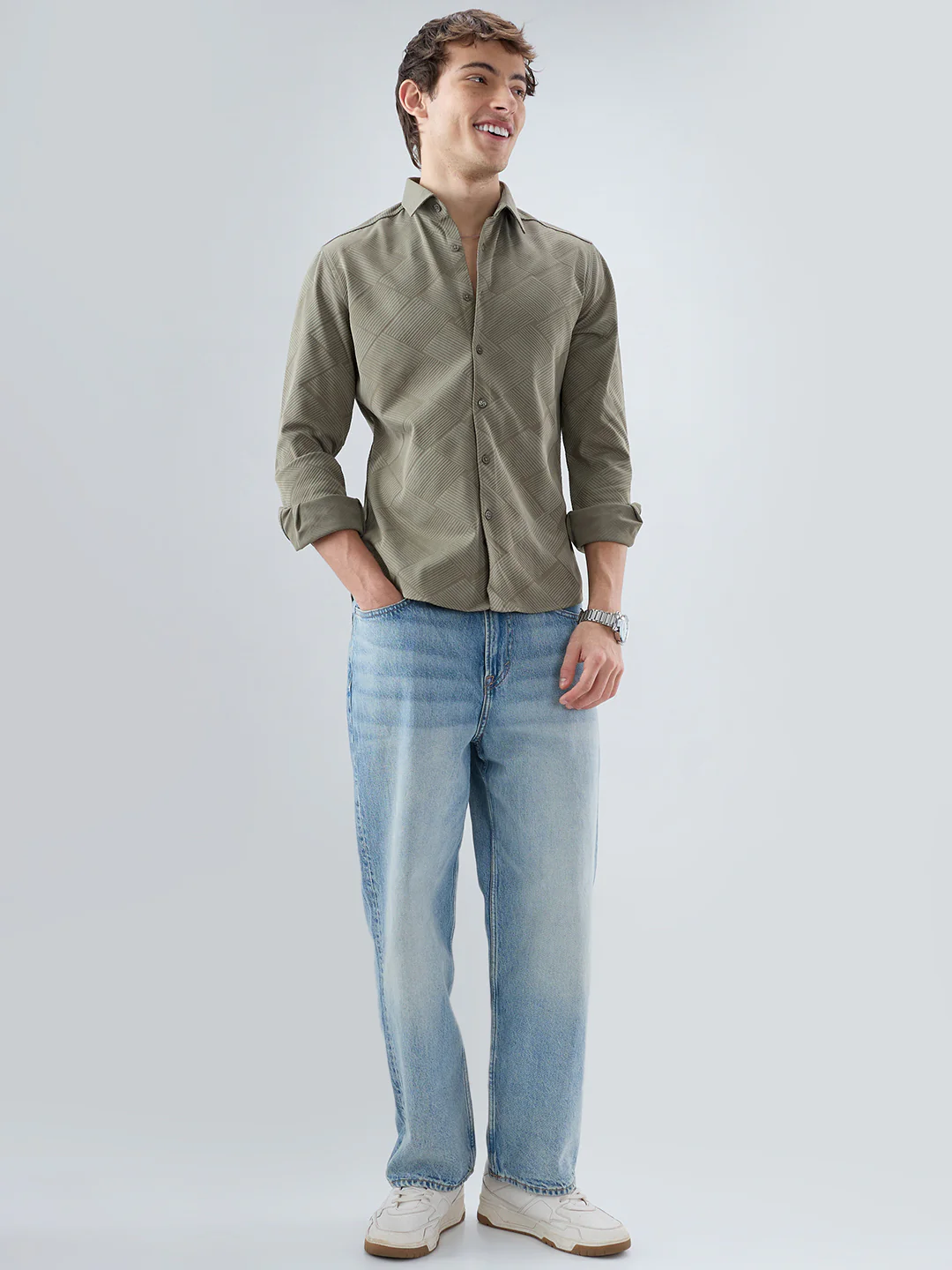 Intricate Olive Block Weave Knitted Shirt - Image 8