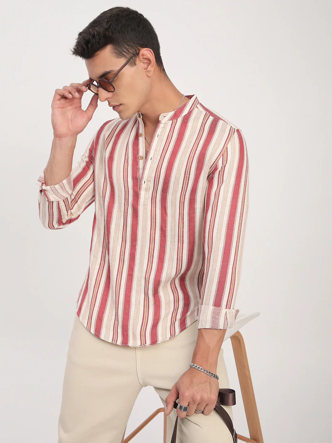 Intricate Red & Cream Striped Kurta