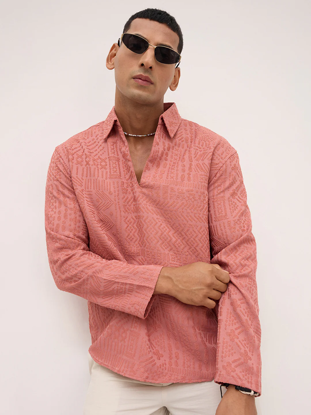 Intricate Soft Coral Textured Oversized Polo Neck Shirt - Image 2