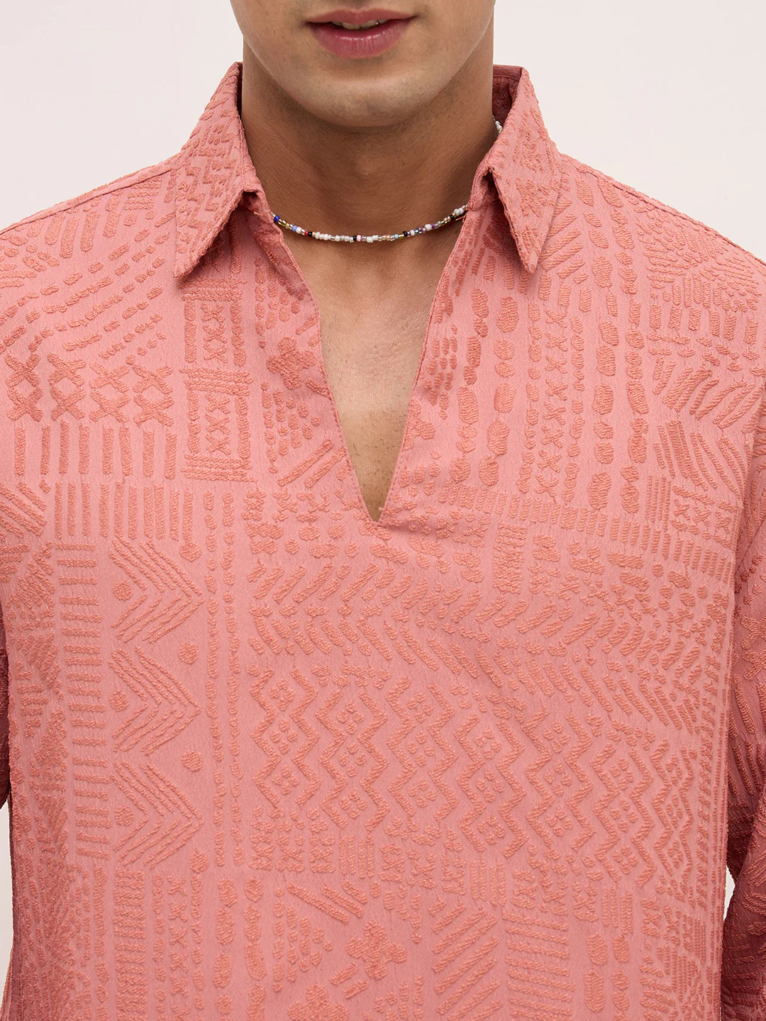 Intricate Soft Coral Textured Oversized Polo Neck Shirt - Image 3