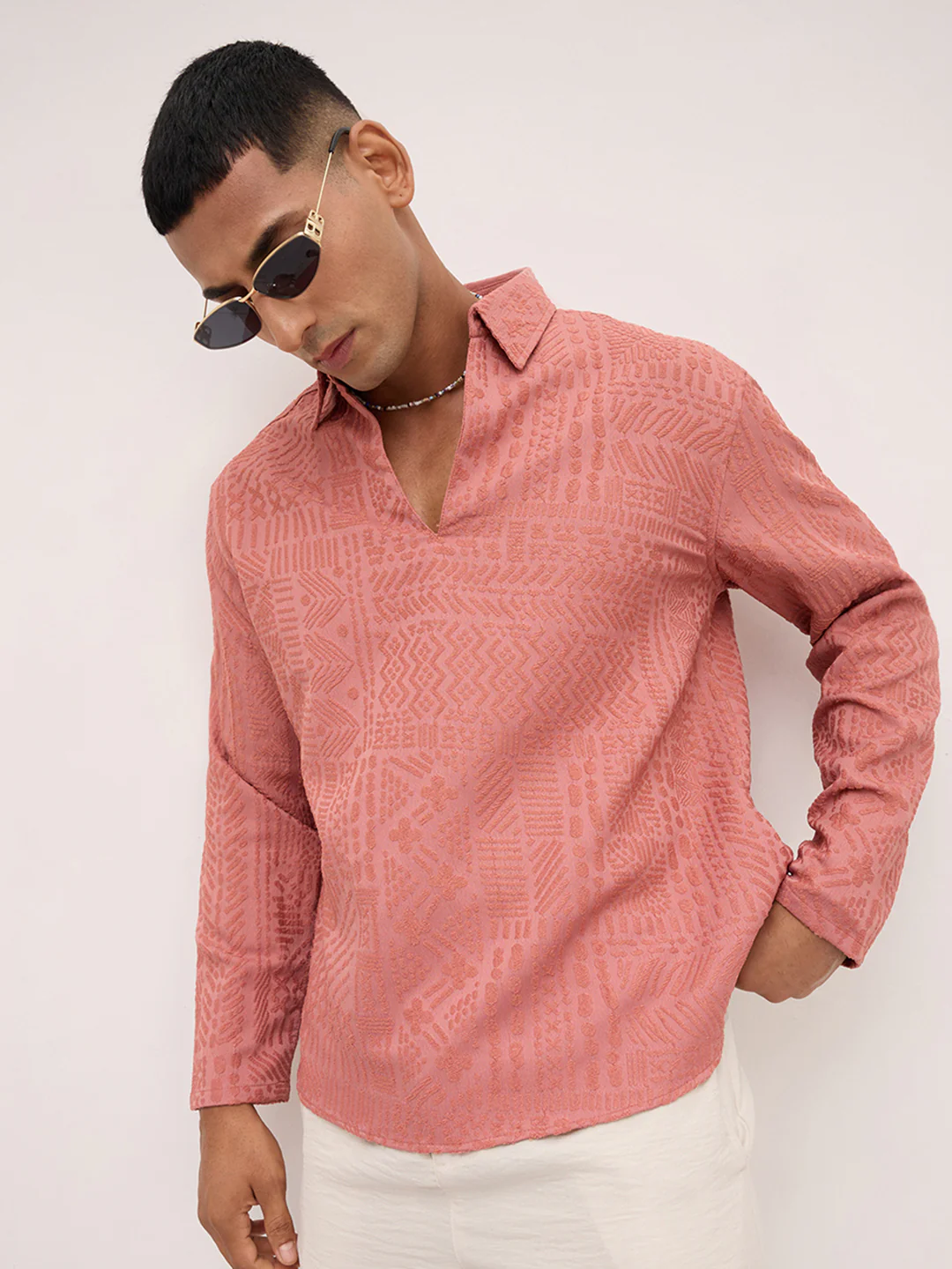 Intricate Soft Coral Textured Oversized Polo Neck Shirt - Image 4