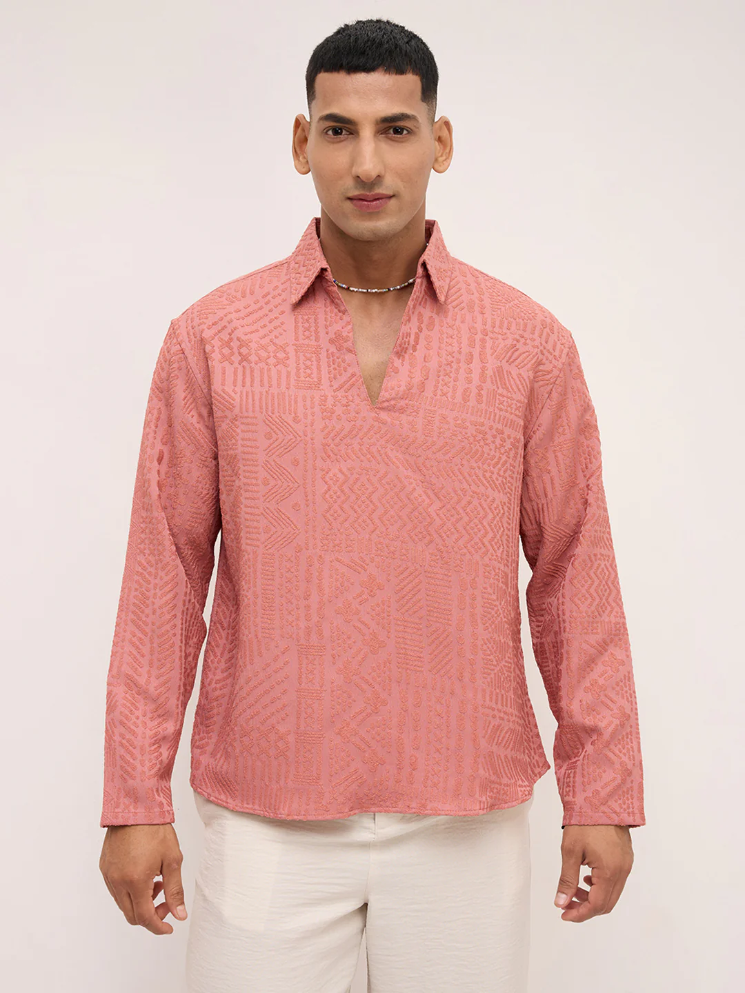 Intricate Soft Coral Textured Oversized Polo Neck Shirt - Image 5