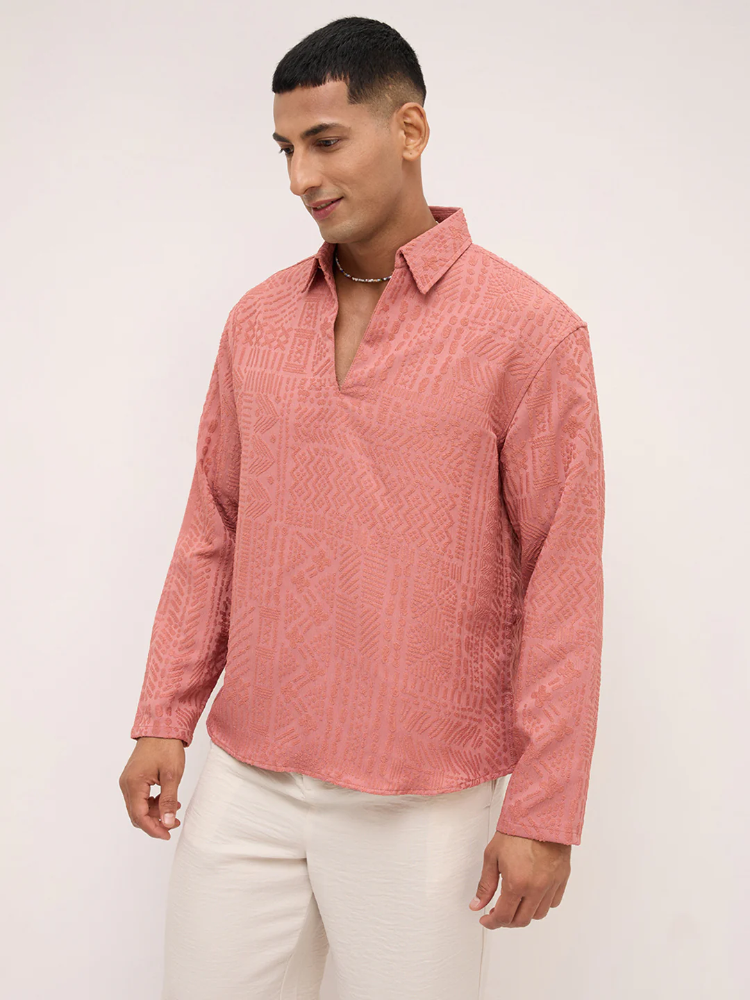Intricate Soft Coral Textured Oversized Polo Neck Shirt - Image 6