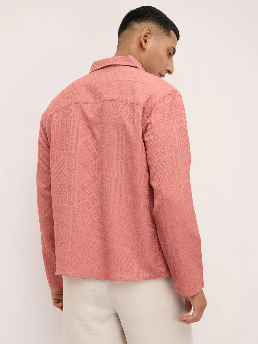 Intricate Soft Coral Textured Oversized Polo Neck Shirt - Image 7