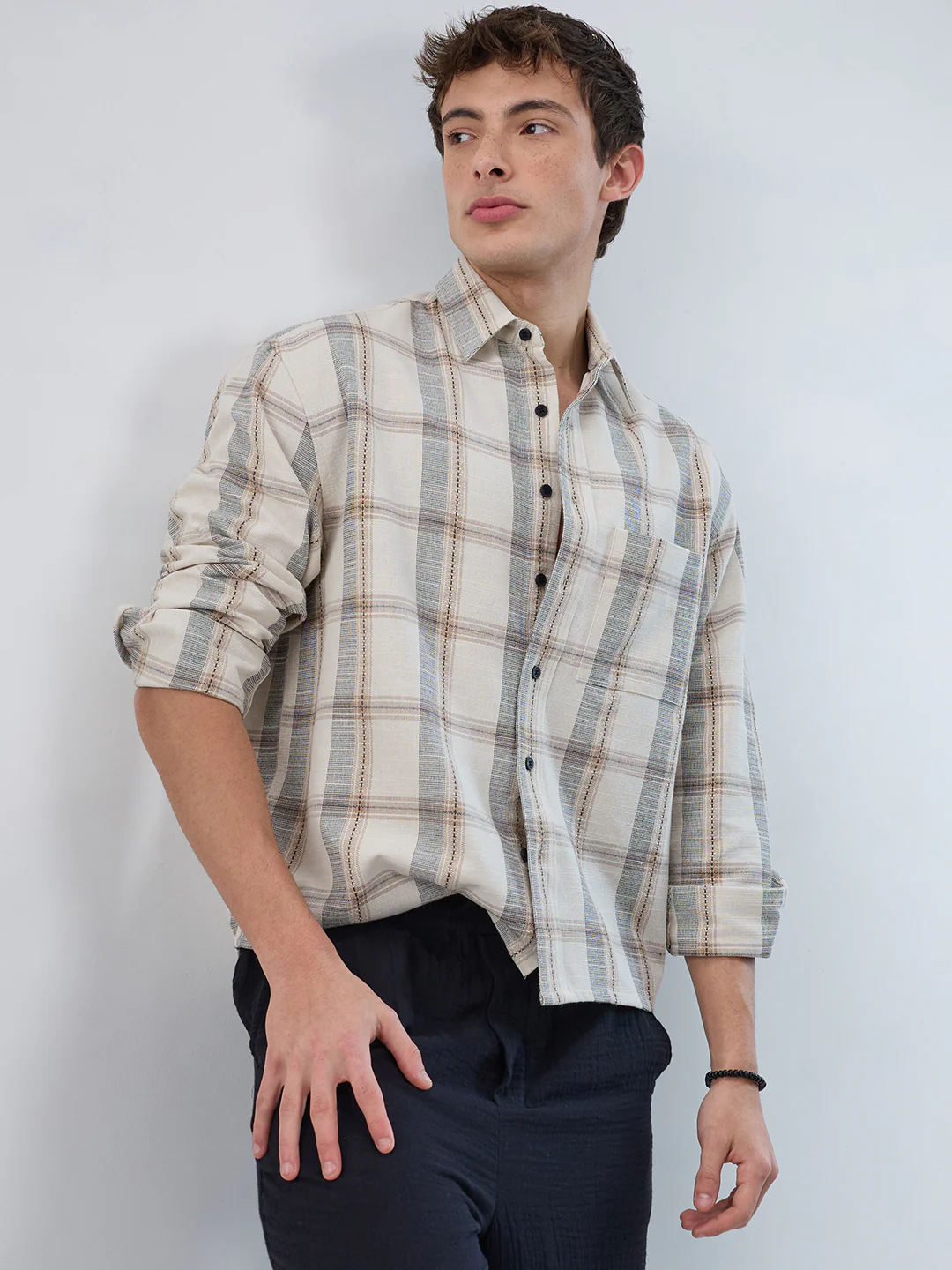 Ivory & Beige Windowpane Checks Boxy Fit Crop Shirt