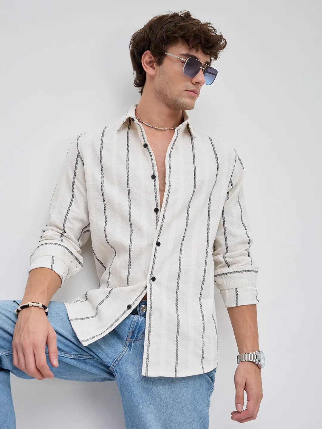 Ivory & Black Embroidered Striped Shirt