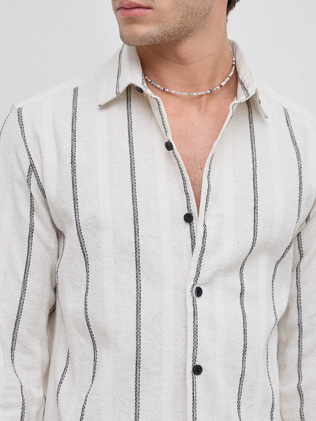 Ivory & Black Embroidered Striped Shirt - Image 3