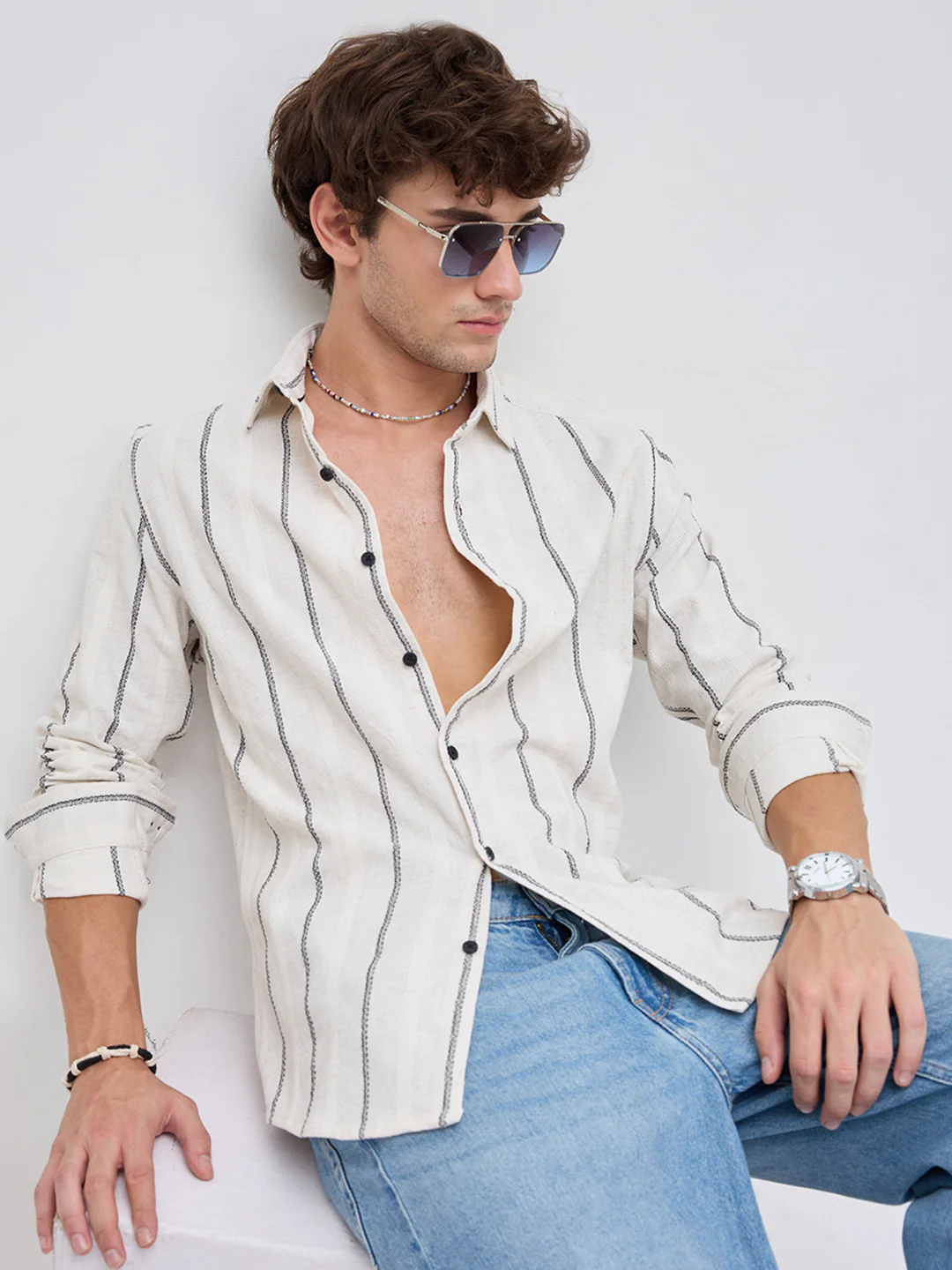 Ivory & Black Embroidered Striped Shirt - Image 4