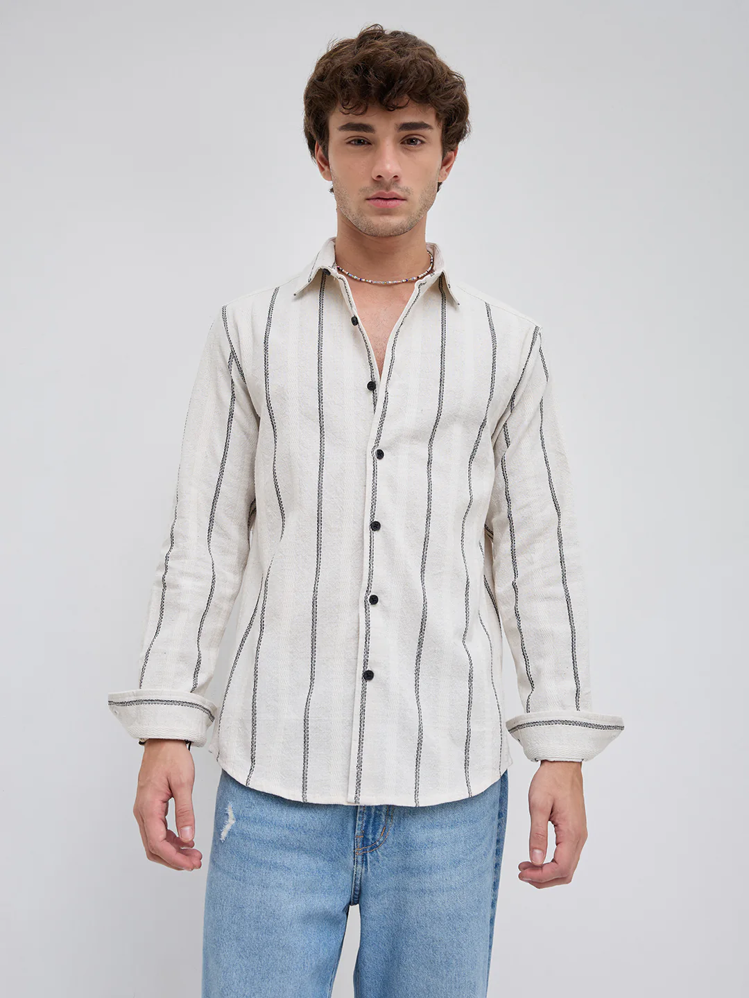Ivory & Black Embroidered Striped Shirt - Image 5