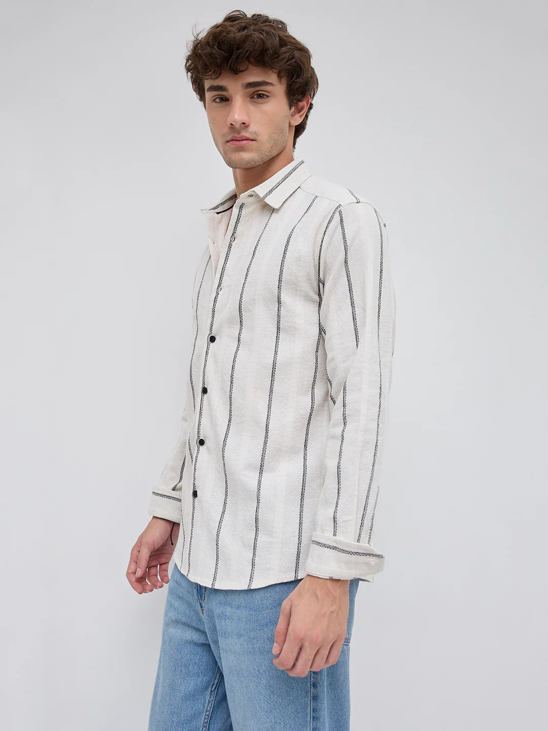 Ivory & Black Embroidered Striped Shirt - Image 6