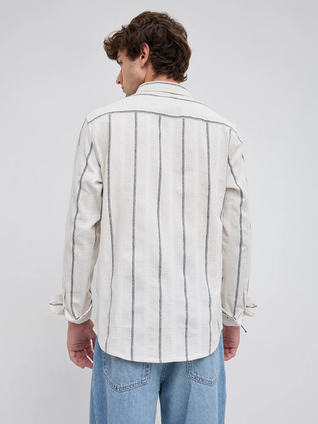 Ivory & Black Embroidered Striped Shirt - Image 7