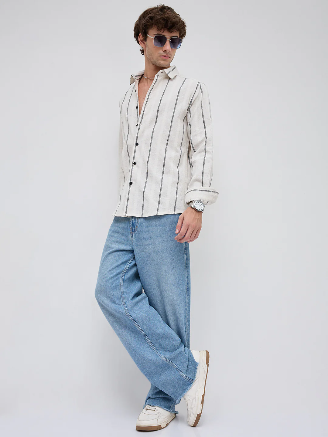 Ivory & Black Embroidered Striped Shirt - Image 8