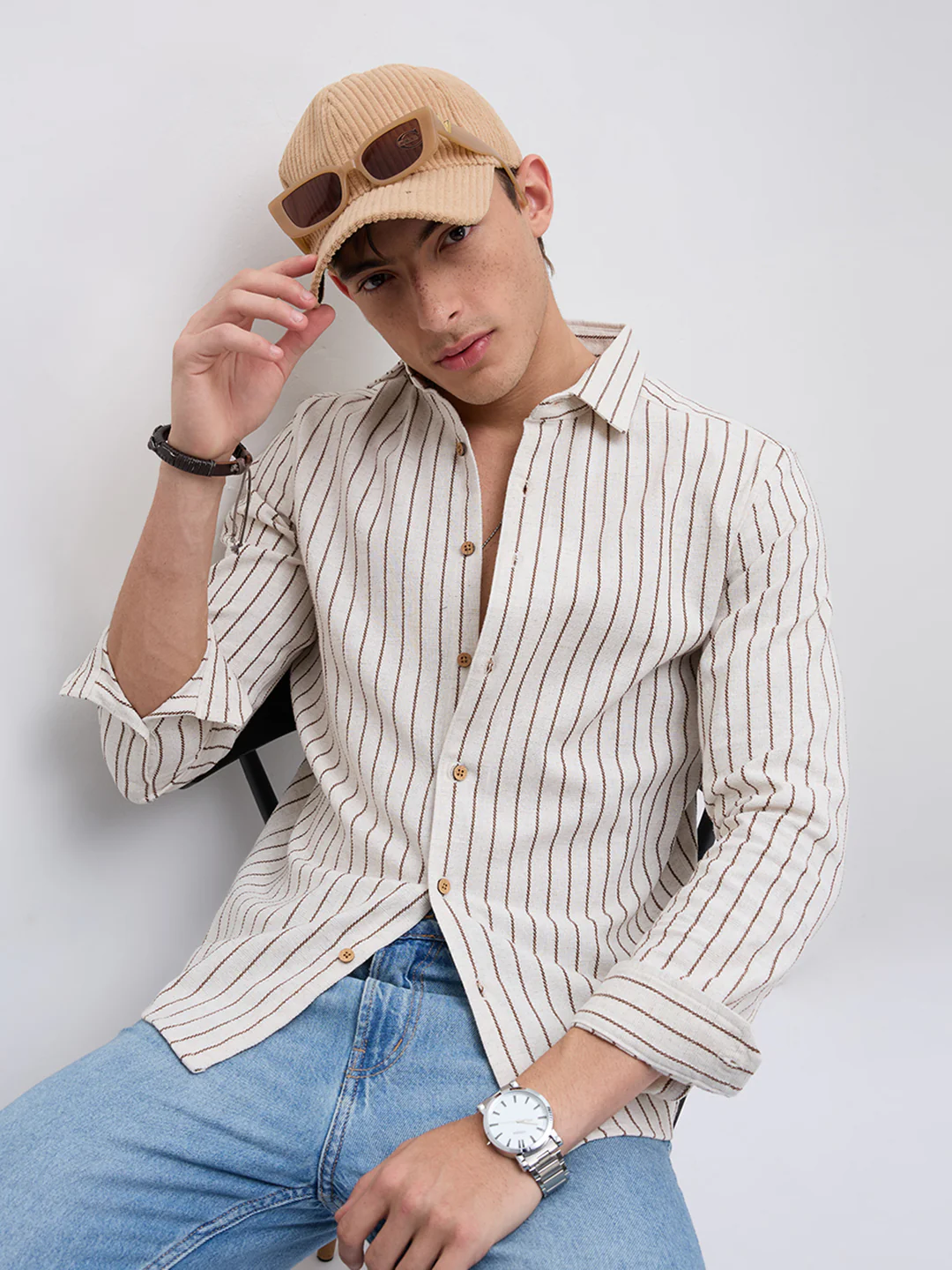 Ivory & Coffee Brown Saddle Weave Contrast Stripe Shirt
