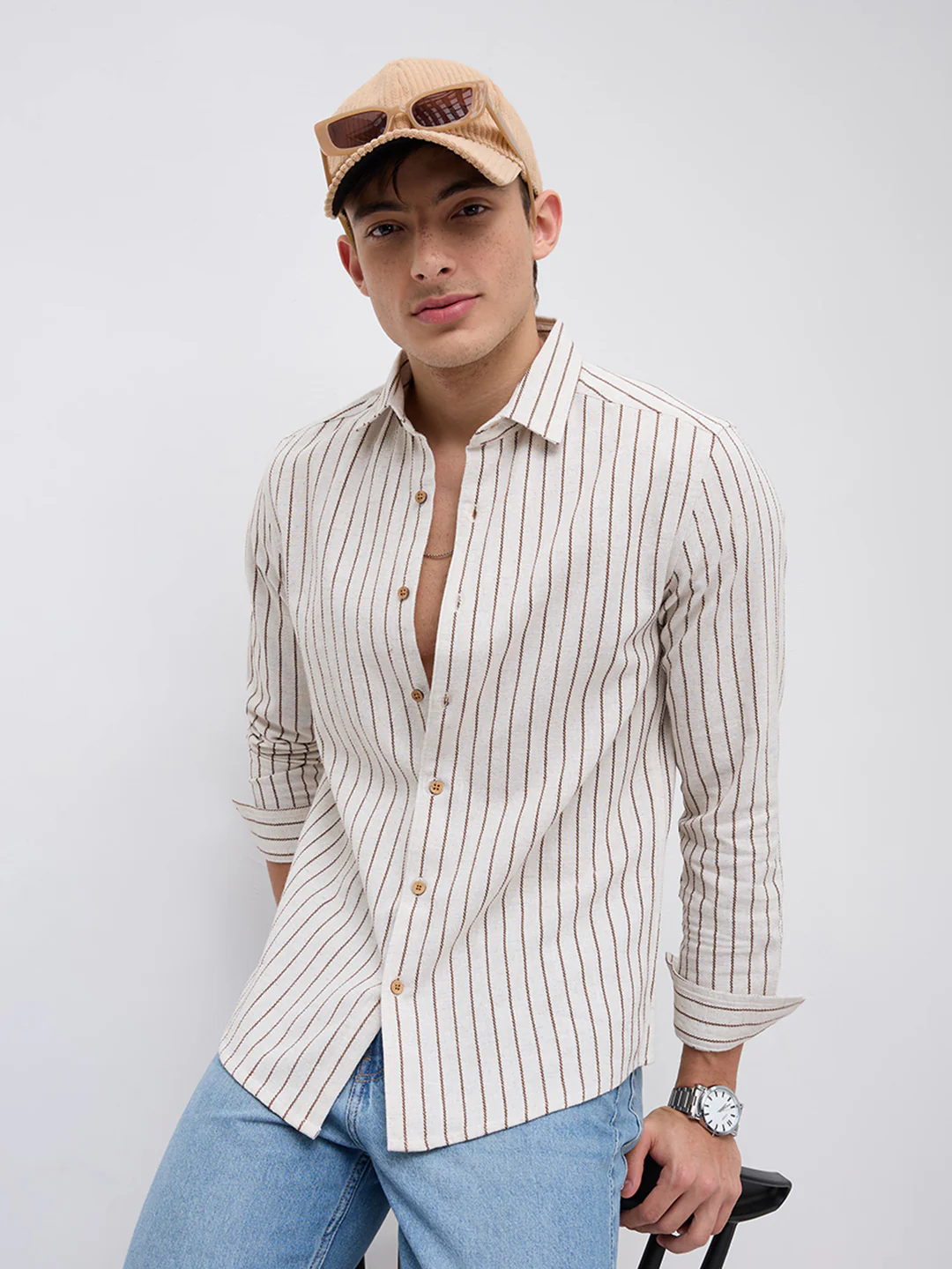 Ivory & Coffee Brown Saddle Weave Contrast Stripe Shirt - Image 4