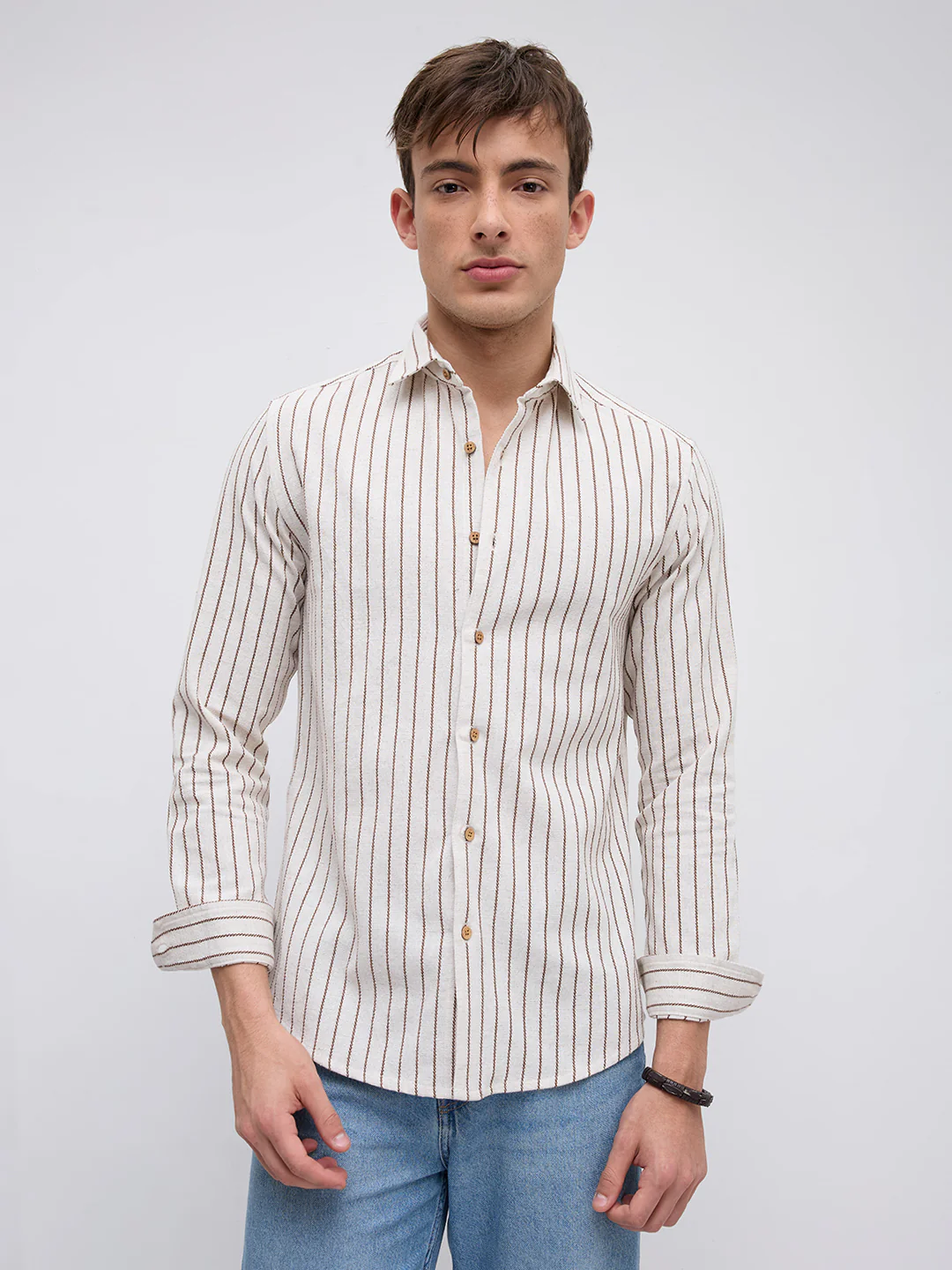 Ivory & Coffee Brown Saddle Weave Contrast Stripe Shirt - Image 5