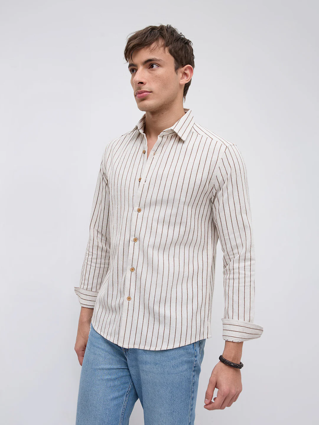 Ivory & Coffee Brown Saddle Weave Contrast Stripe Shirt - Image 6