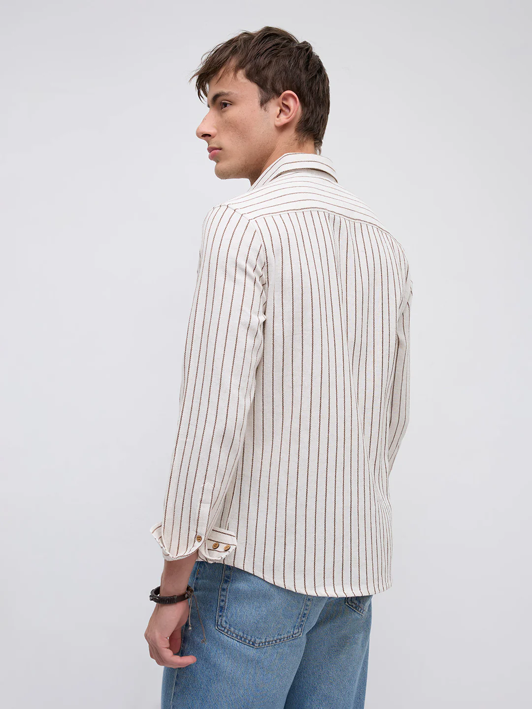 Ivory & Coffee Brown Saddle Weave Contrast Stripe Shirt - Image 7