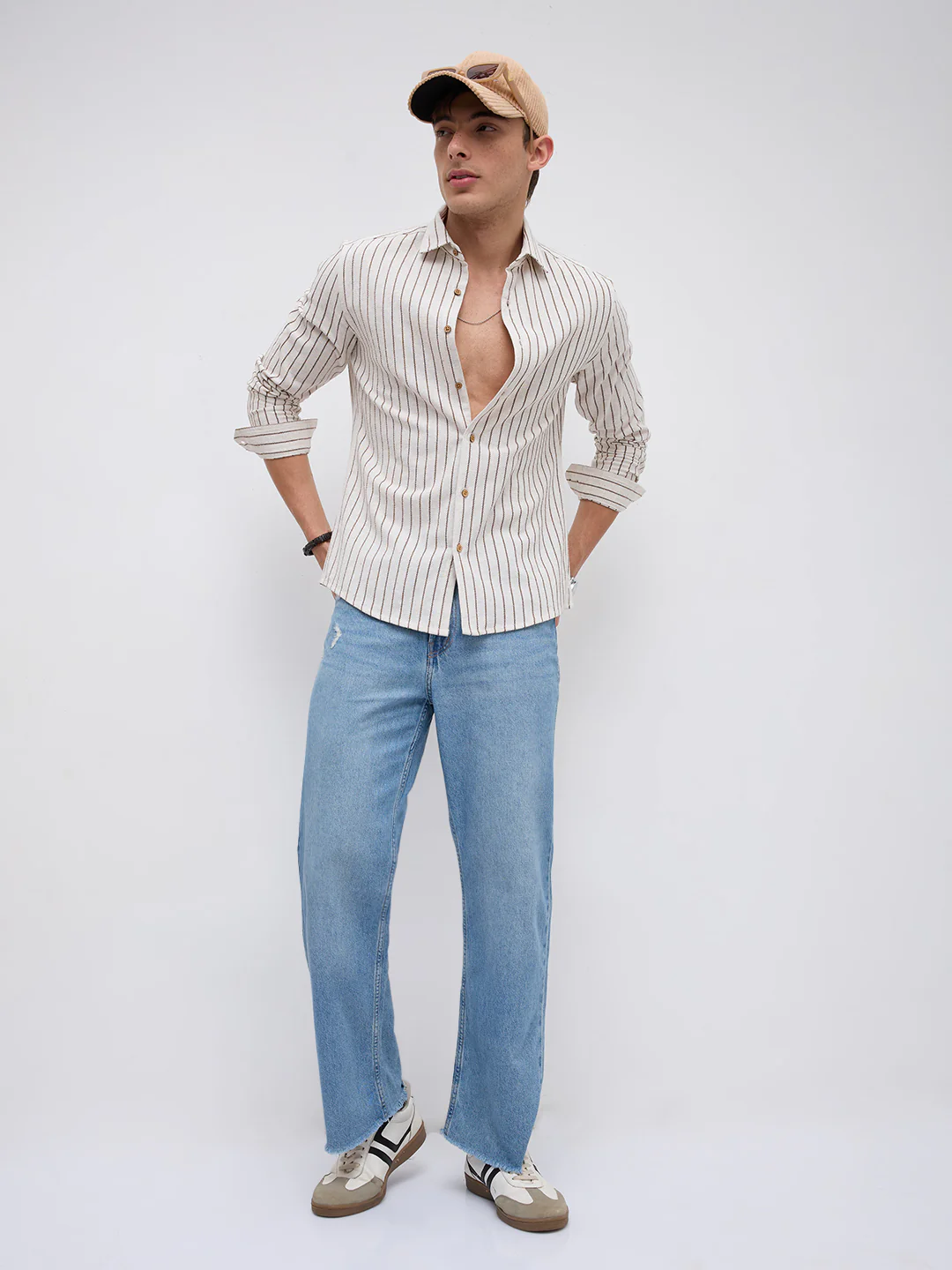 Ivory & Coffee Brown Saddle Weave Contrast Stripe Shirt - Image 8