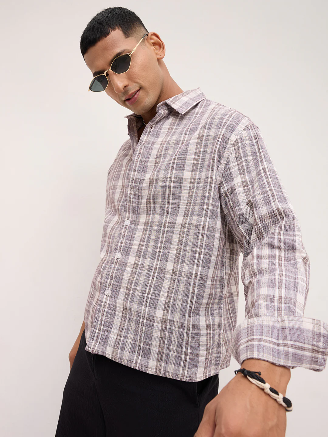Ivory & Maroon Dual Line Checks Boxy Fit Crop Shirt - Image 2