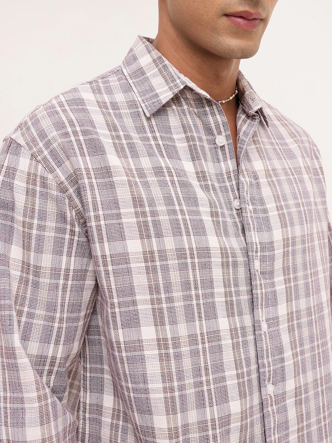 Ivory & Maroon Dual Line Checks Boxy Fit Crop Shirt - Image 3