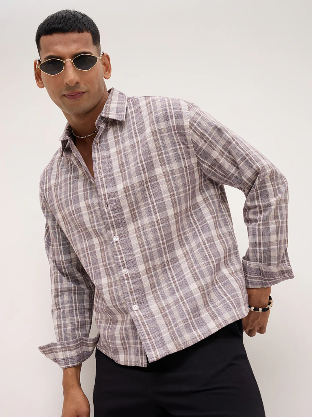 Ivory & Maroon Dual Line Checks Boxy Fit Crop Shirt - Image 4