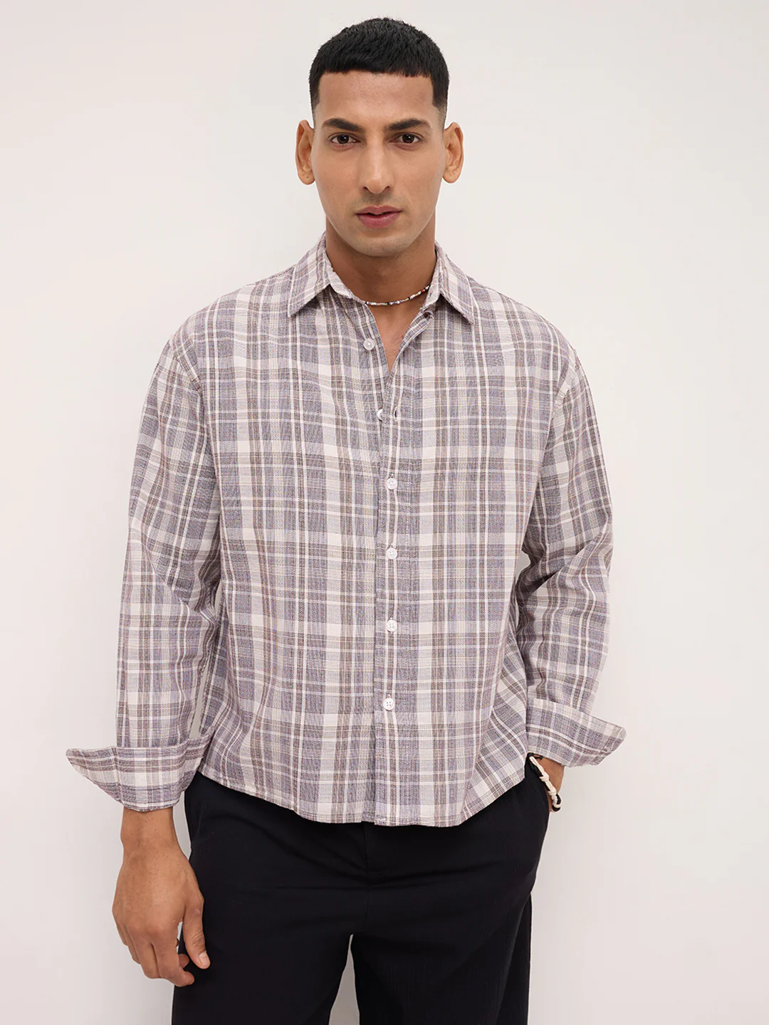 Ivory & Maroon Dual Line Checks Boxy Fit Crop Shirt - Image 5