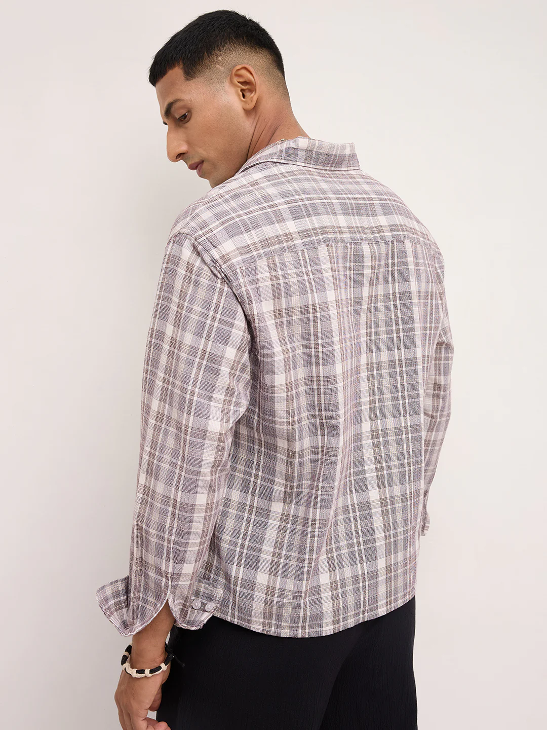 Ivory & Maroon Dual Line Checks Boxy Fit Crop Shirt - Image 7