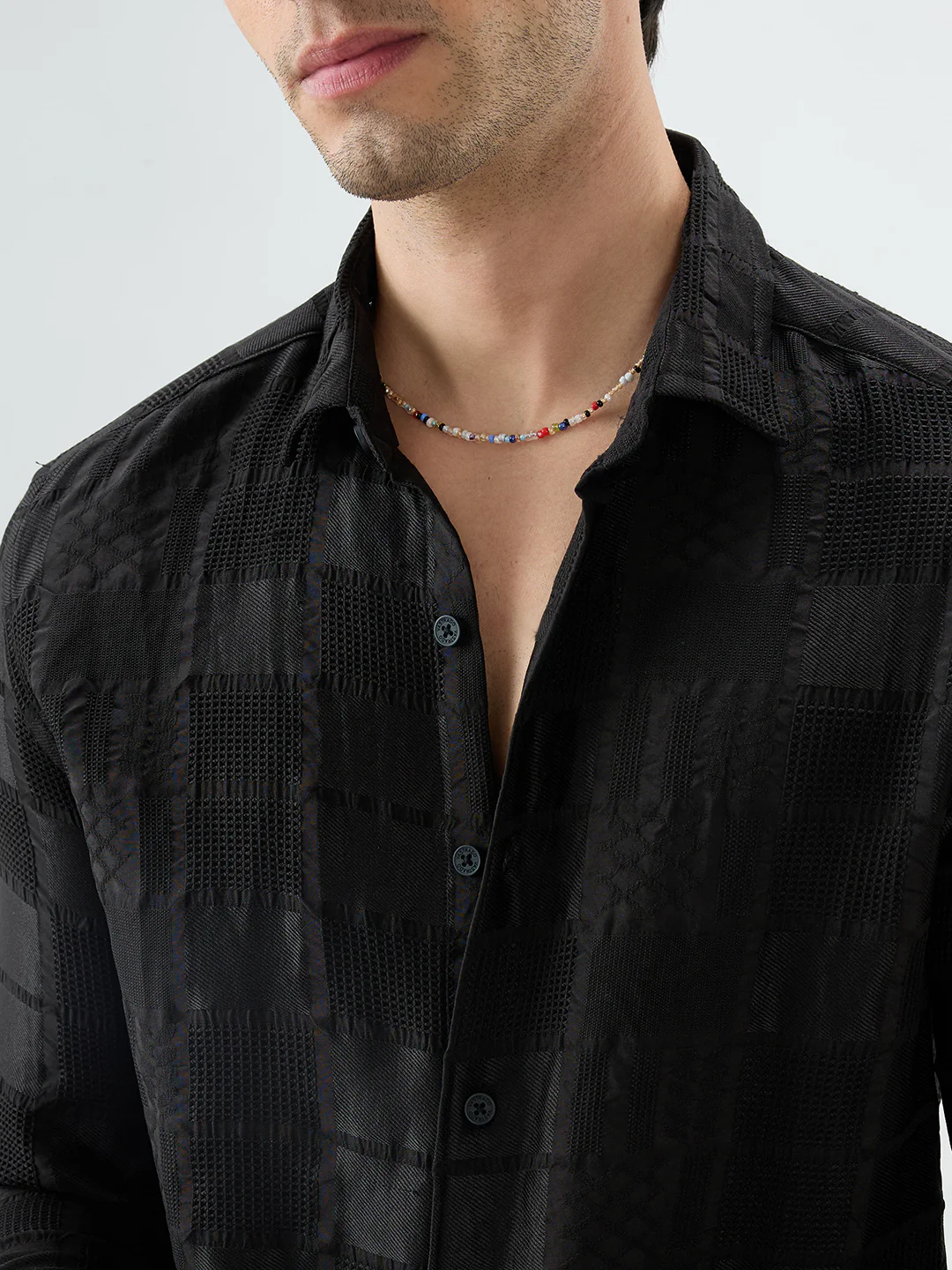 Jet Black Block Checks Motif Embossed Textured Shirt - Image 3