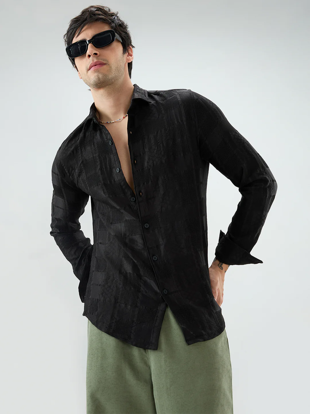 Jet Black Block Checks Motif Embossed Textured Shirt - Image 4