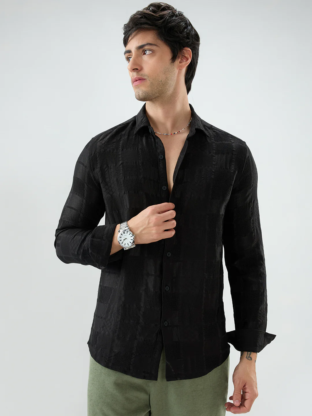 Jet Black Block Checks Motif Embossed Textured Shirt - Image 5