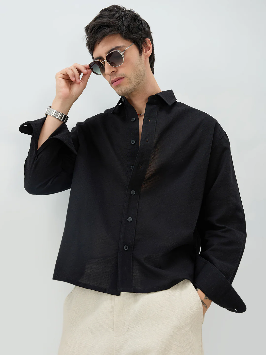 Jet Black Sheer Weave Boxy Fit Crop Shirt