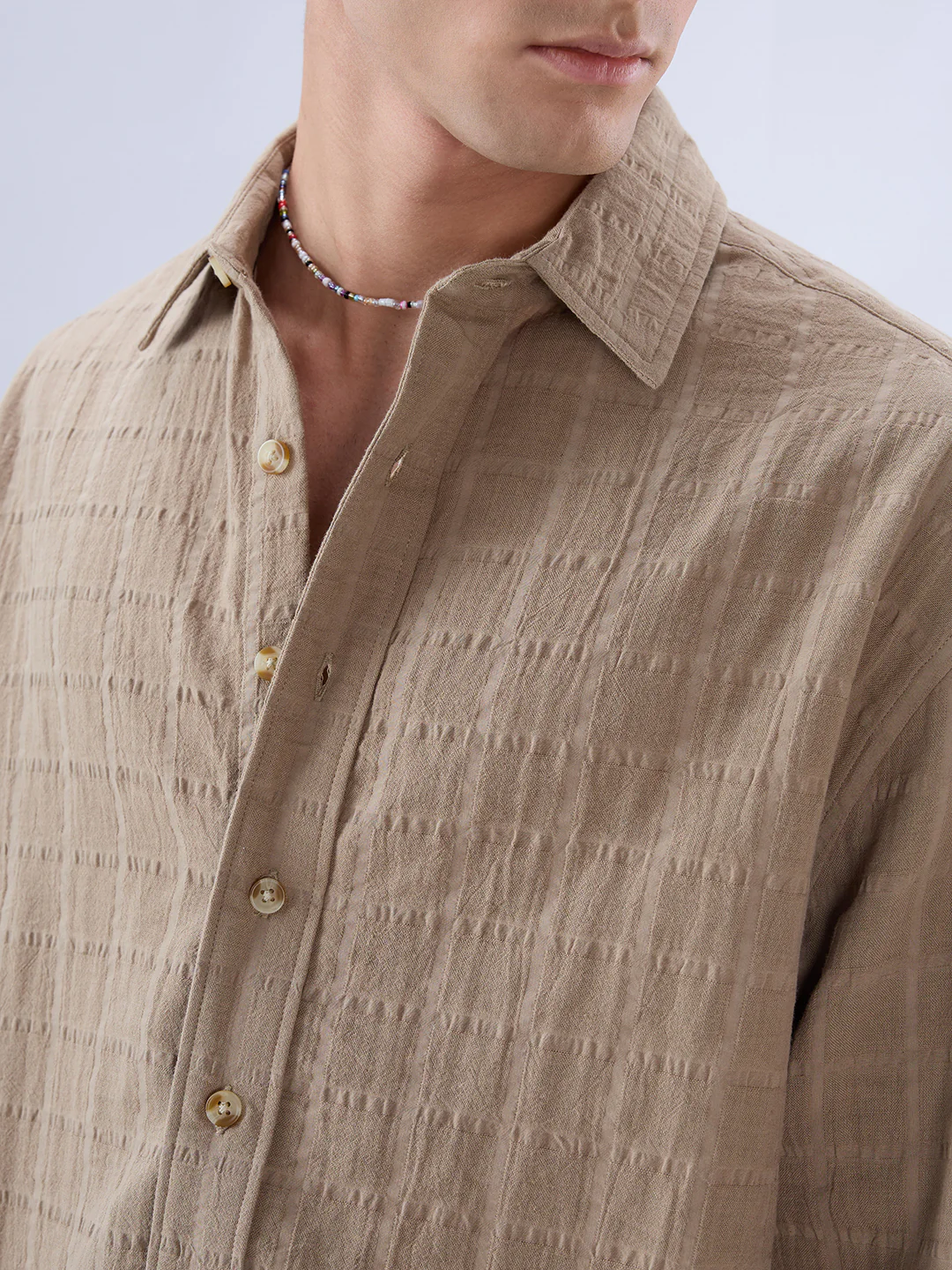 Khaki Grid Textured Double Cloth Seersucker Boxy Fit Crop Shirt - Image 3