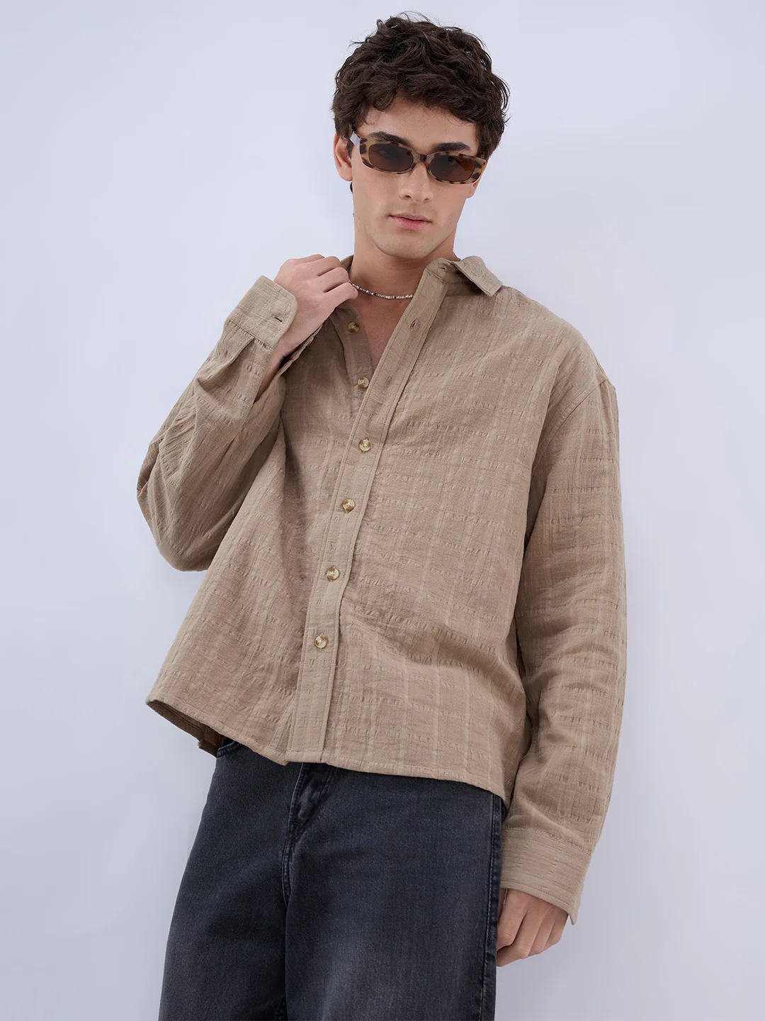 Khaki Grid Textured Double Cloth Seersucker Boxy Fit Crop Shirt - Image 4