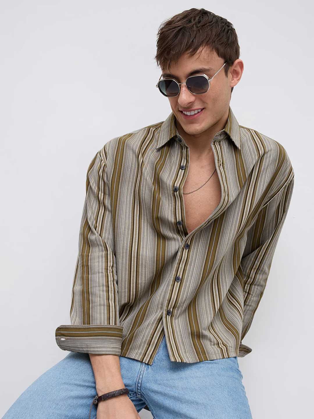 Khaki Multi Stripe Flow Boxy Fir Crop Shirt - Image 2