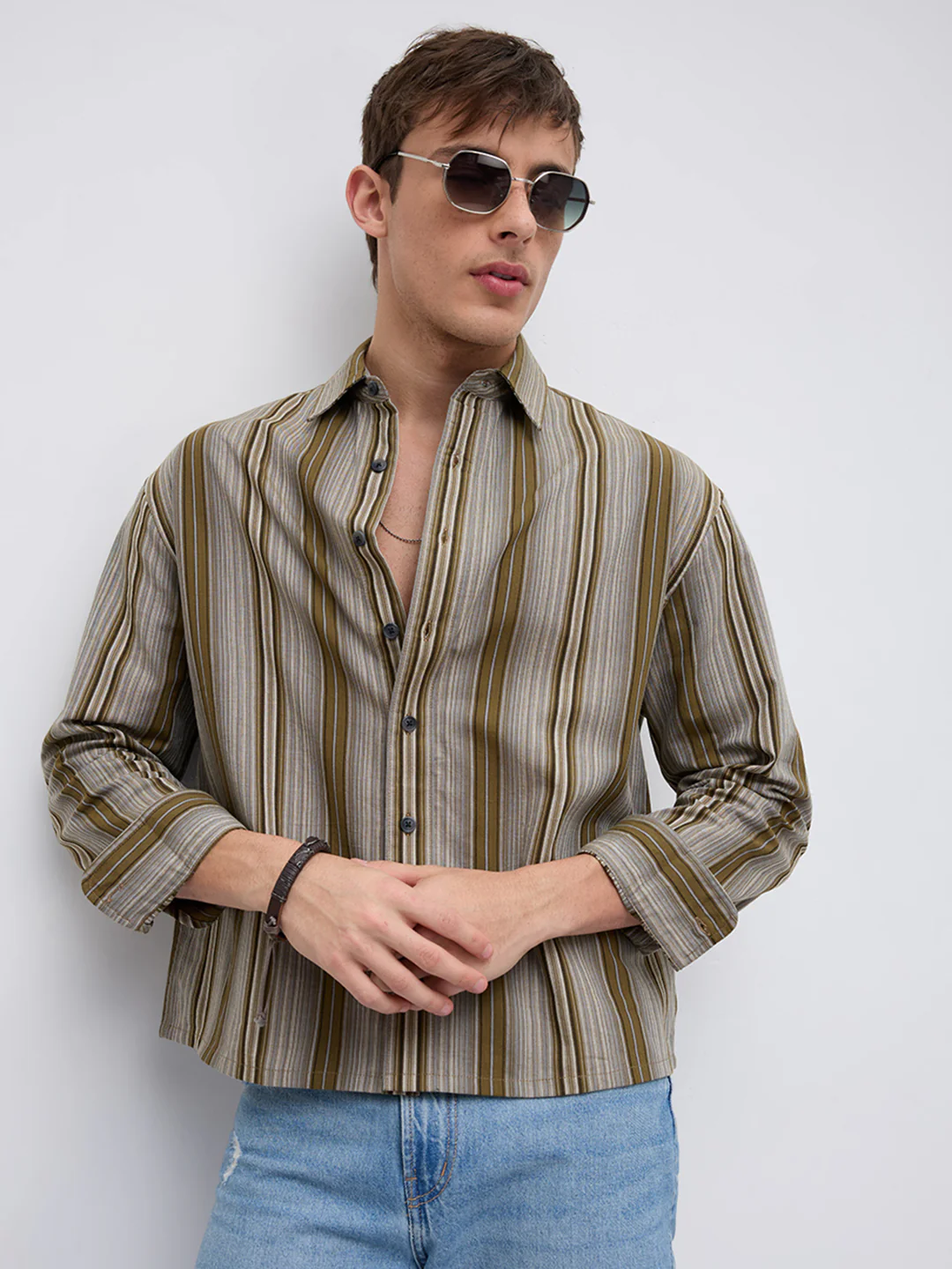 Khaki Multi Stripe Flow Boxy Fir Crop Shirt - Image 4