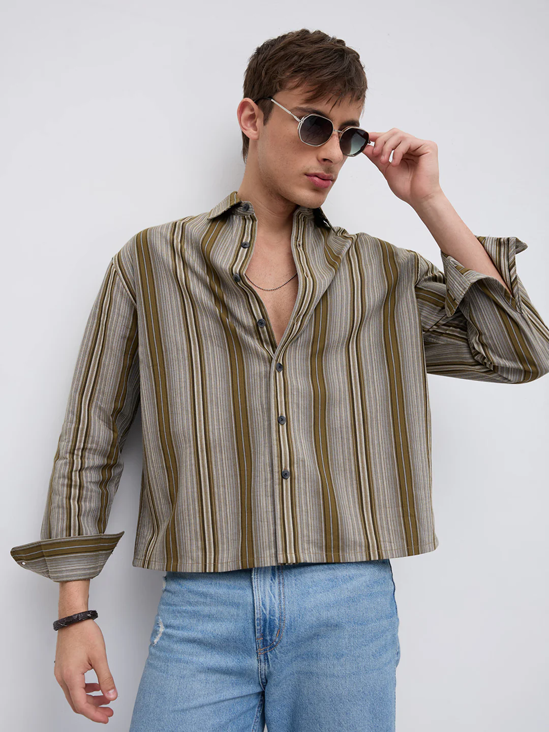 Khaki Multi Stripe Flow Boxy Fir Crop Shirt - Image 5