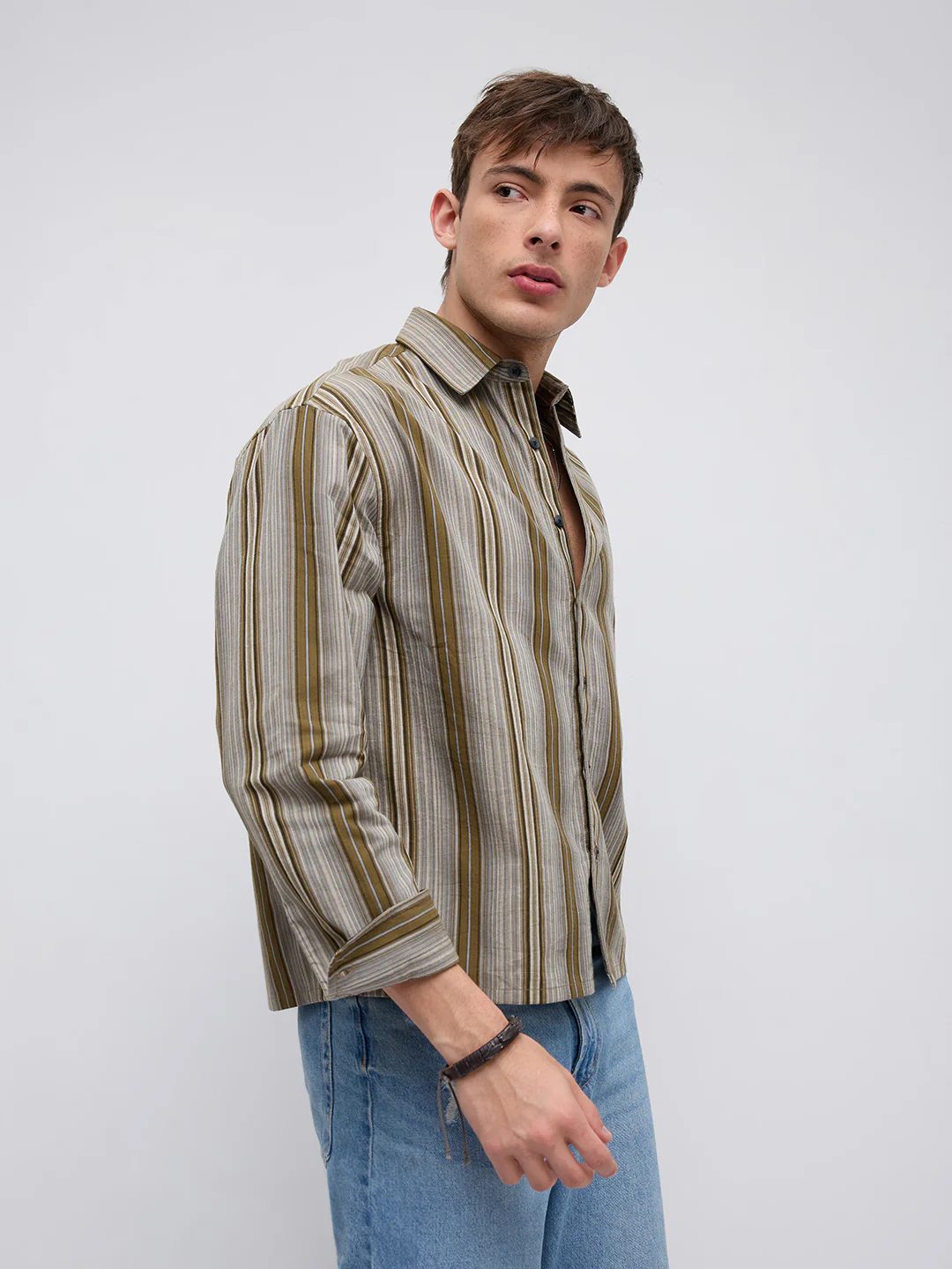 Khaki Multi Stripe Flow Boxy Fir Crop Shirt - Image 6