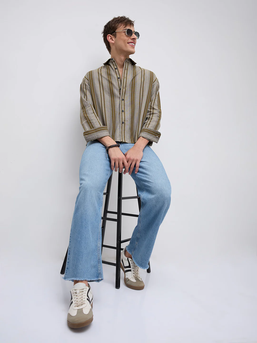 Khaki Multi Stripe Flow Boxy Fir Crop Shirt - Image 8