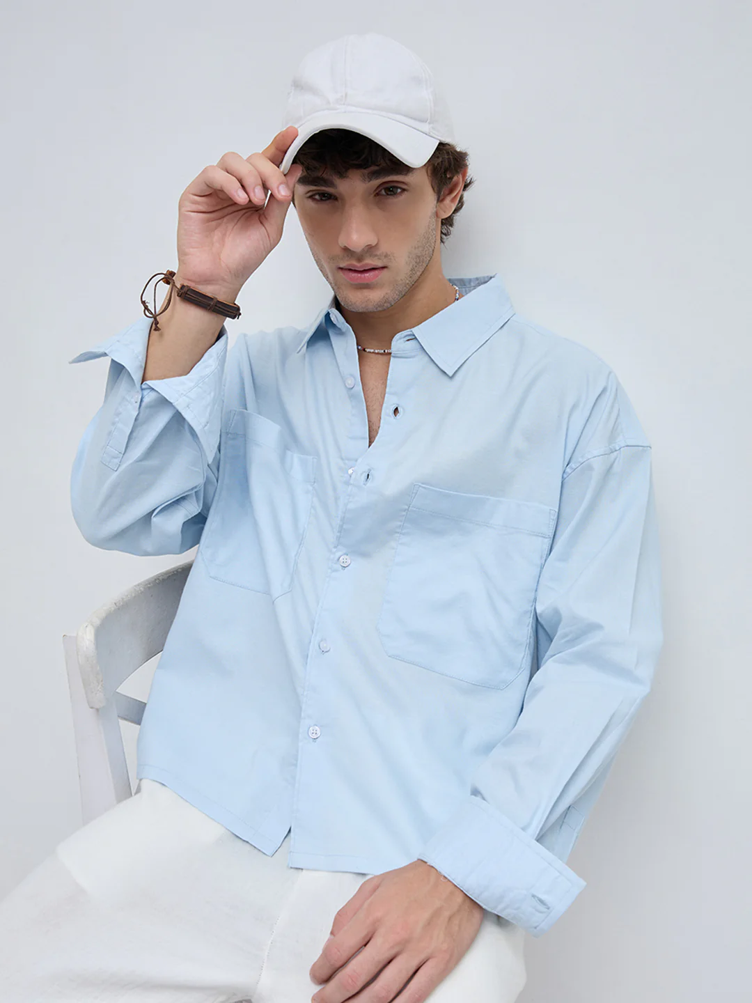 Light Blue Solid Double Pocket Linen Blend Boxy Fit Crop Shirt