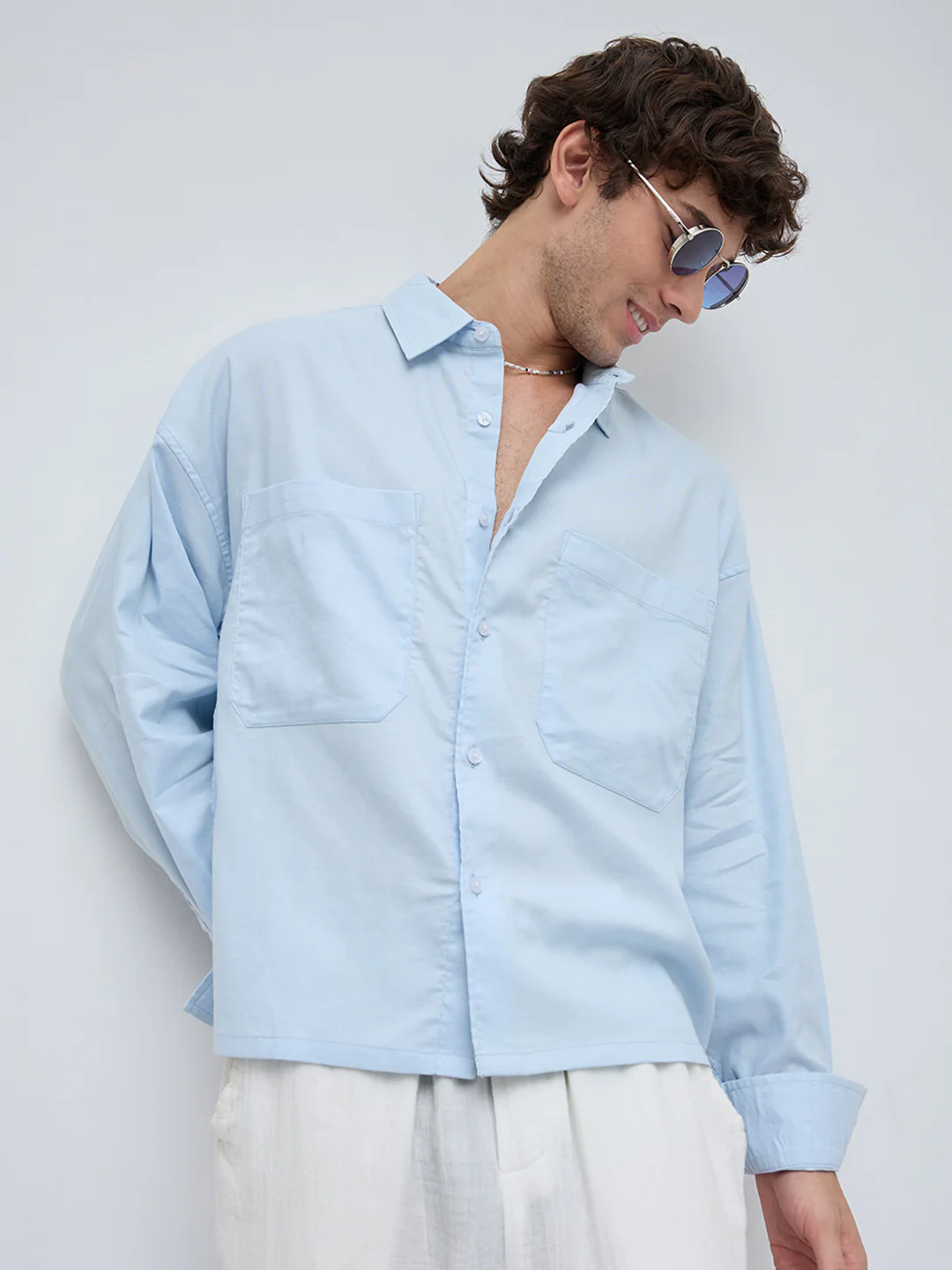 Light Blue Solid Double Pocket Linen Blend Boxy Fit Crop Shirt - Image 2