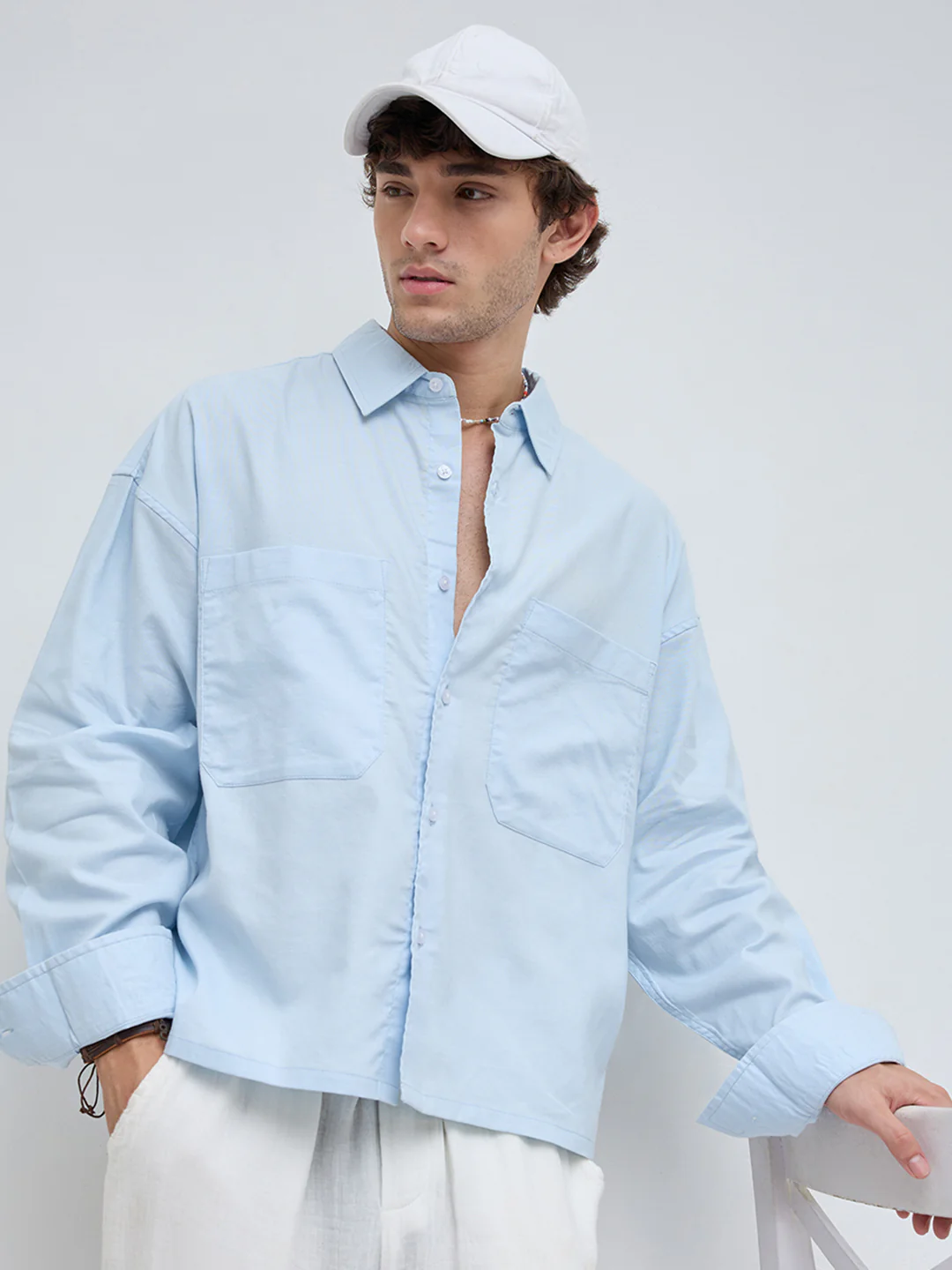 Light Blue Solid Double Pocket Linen Blend Boxy Fit Crop Shirt - Image 4