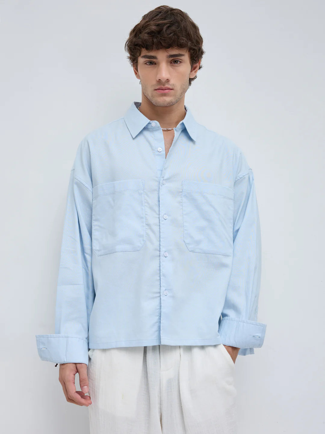 Light Blue Solid Double Pocket Linen Blend Boxy Fit Crop Shirt - Image 5