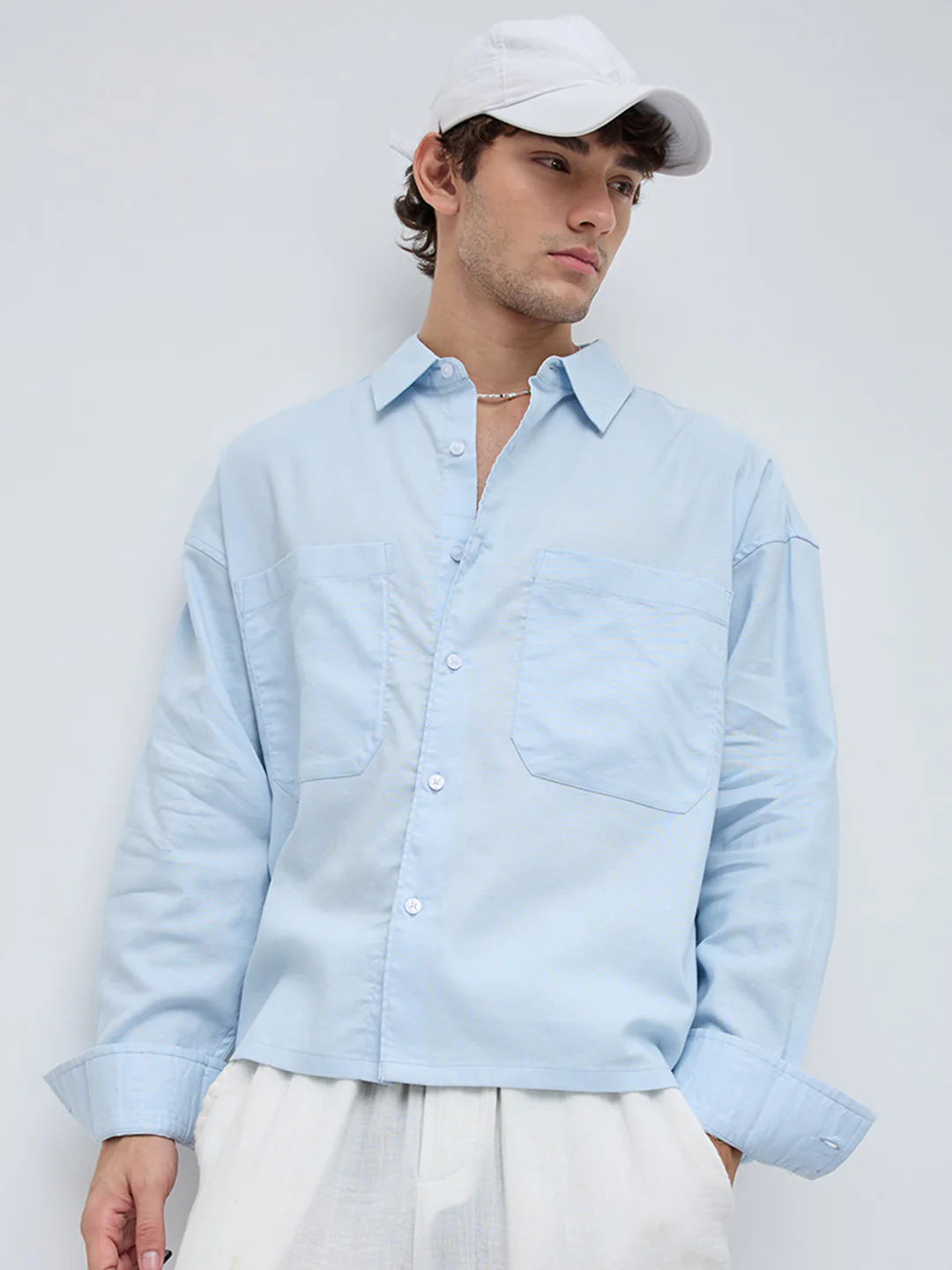 Light Blue Solid Double Pocket Linen Blend Boxy Fit Crop Shirt - Image 6