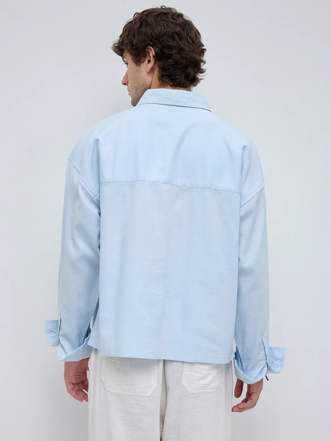Light Blue Solid Double Pocket Linen Blend Boxy Fit Crop Shirt - Image 7