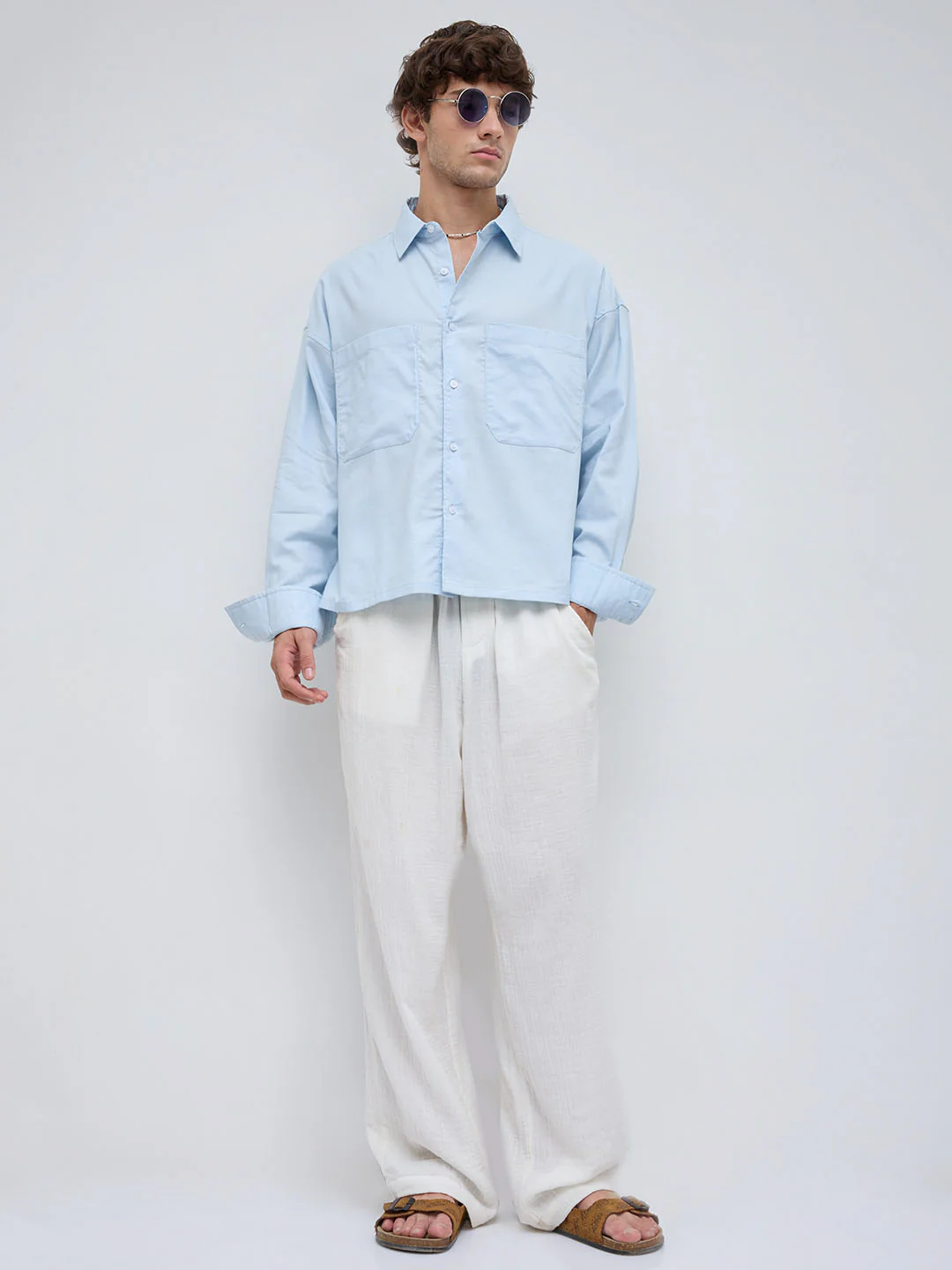 Light Blue Solid Double Pocket Linen Blend Boxy Fit Crop Shirt - Image 8