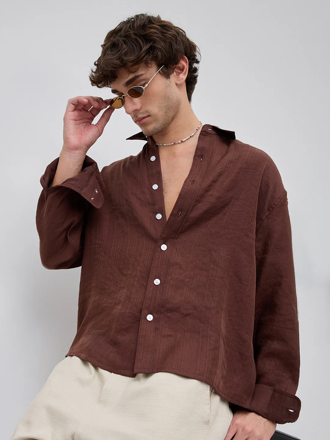 Lustre Brown Striped Boxy Fit Crop Shirt