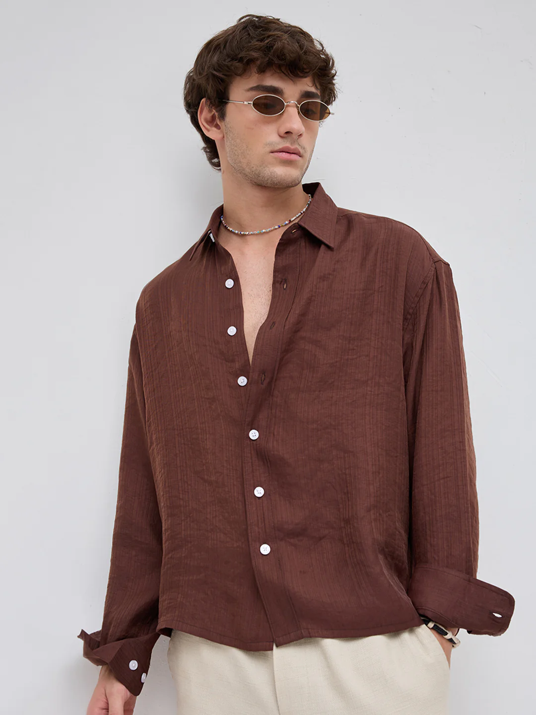Lustre Brown Striped Boxy Fit Crop Shirt - Image 2