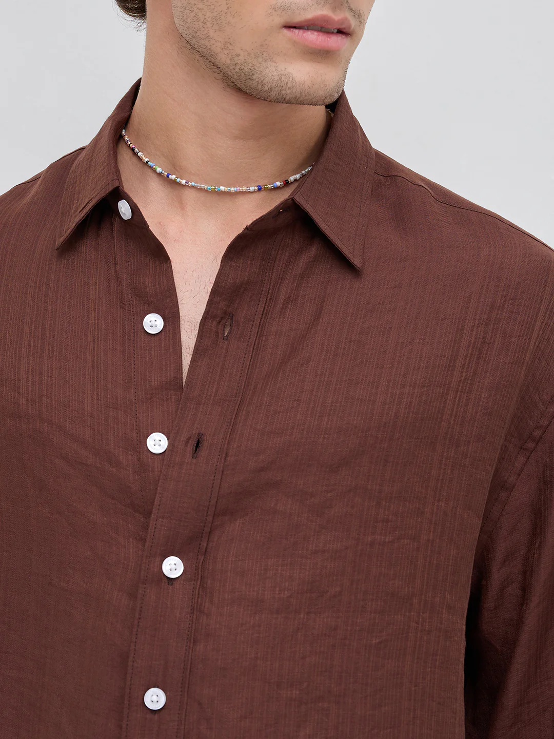 Lustre Brown Striped Boxy Fit Crop Shirt - Image 3