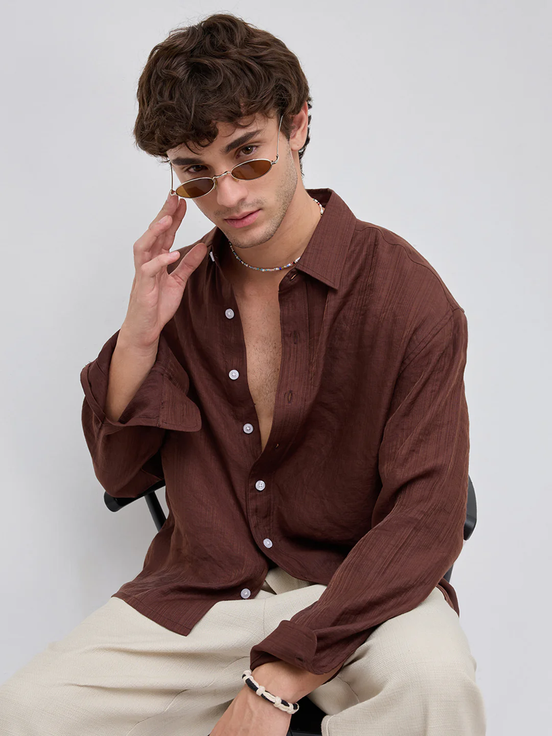 Lustre Brown Striped Boxy Fit Crop Shirt - Image 4