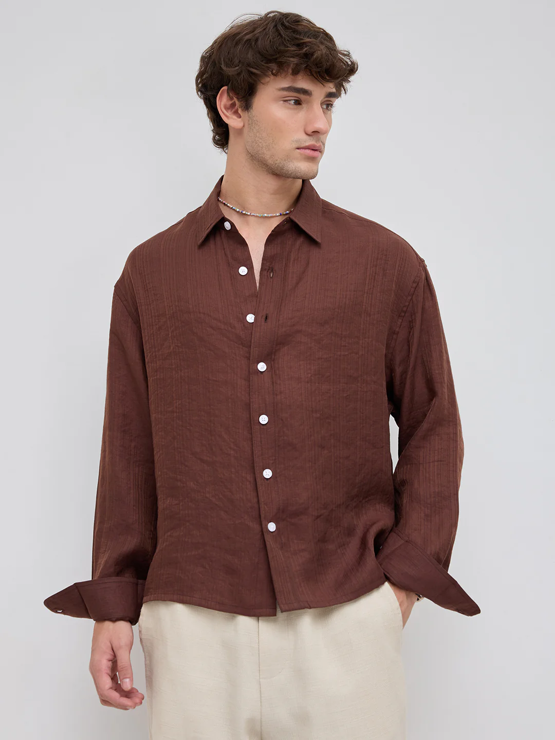 Lustre Brown Striped Boxy Fit Crop Shirt - Image 5